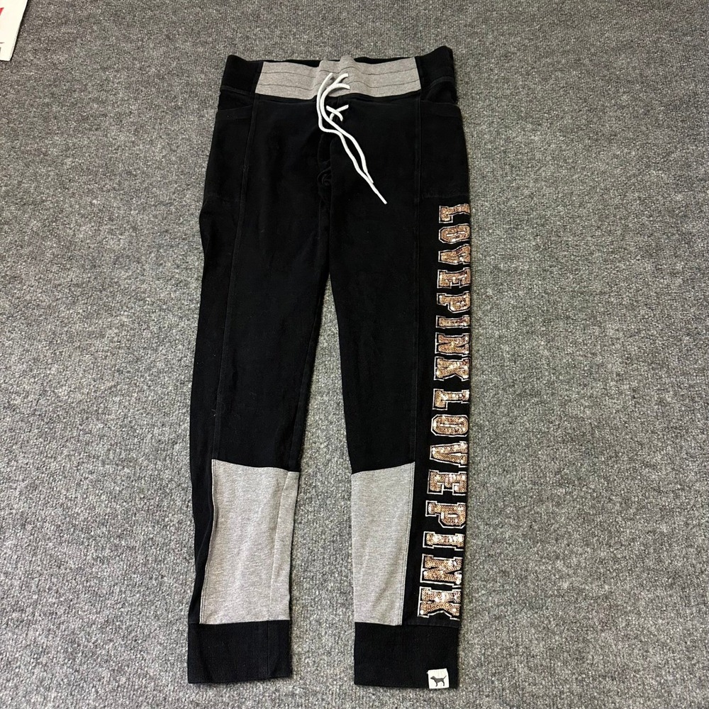 Pink Joggers Womens Size M Black Gray Colorblock Glitter Logo Drawstring Pockets